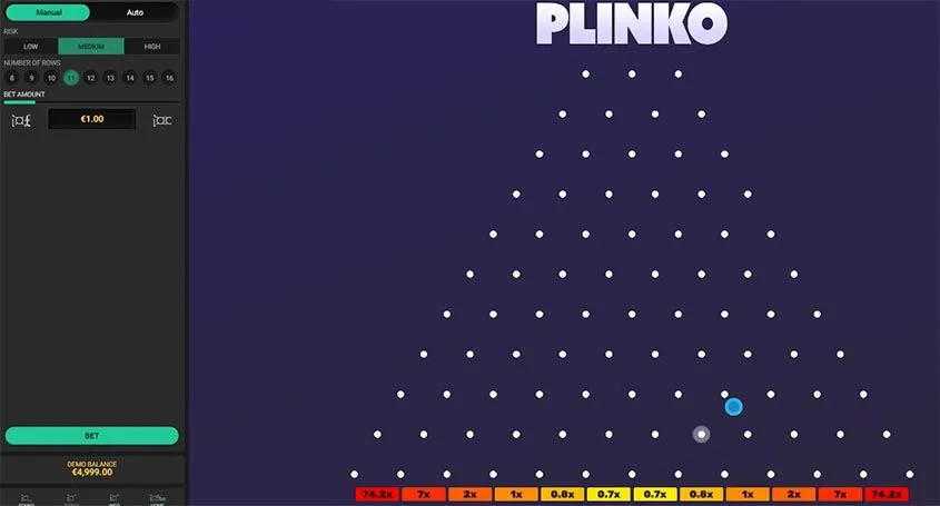Plinko Spiel mit einer einzelnen Kugel, die durch die Pins fällt. Links sind Optionen für manuelles oder automatisches Spielen sowie Einstellungen für Risiko und Einsatzbetrag zu sehen. Multiplikatoren sind unten angezeigt.