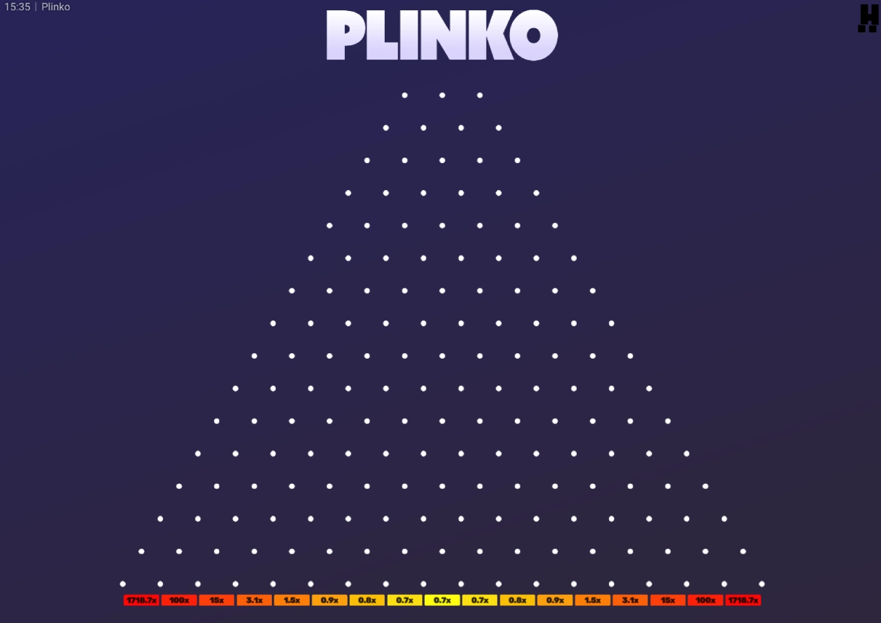Vollständige Ansicht des Plinko Spiels mit einer Pyramide aus Pins und farblich gekennzeichneten Belohnungsmultiplikatoren am unteren Rand. Keine Kugeln sichtbar, bereit für den nächsten Spielzug